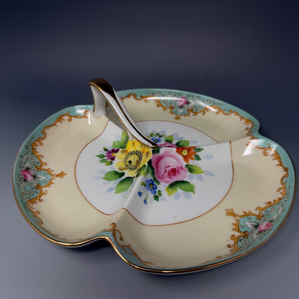 Vtg‎ Moriyama Mori-machi Japan Hand Painted Floral Divided Serving Dish Handle